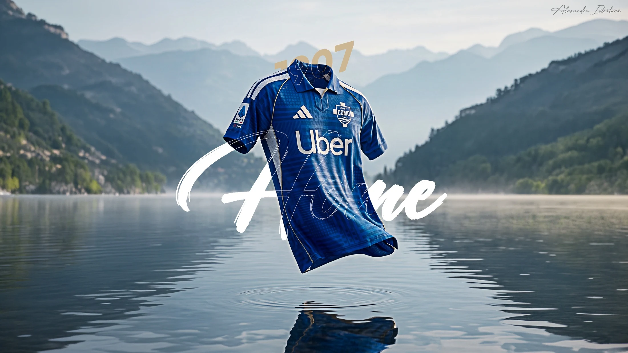 Blue Como home-shirt concept presented against the lake
