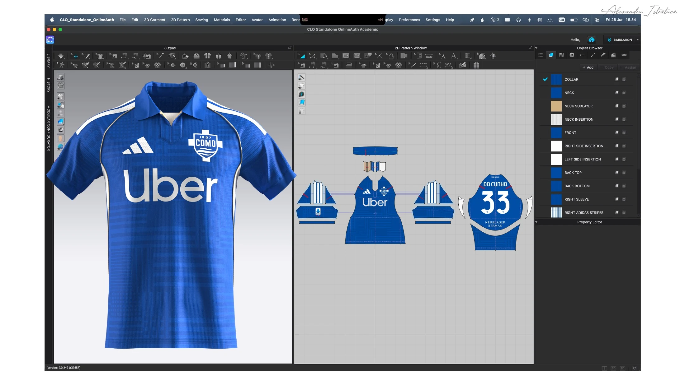 Digital development of the blue home shirt with flat garment patterns