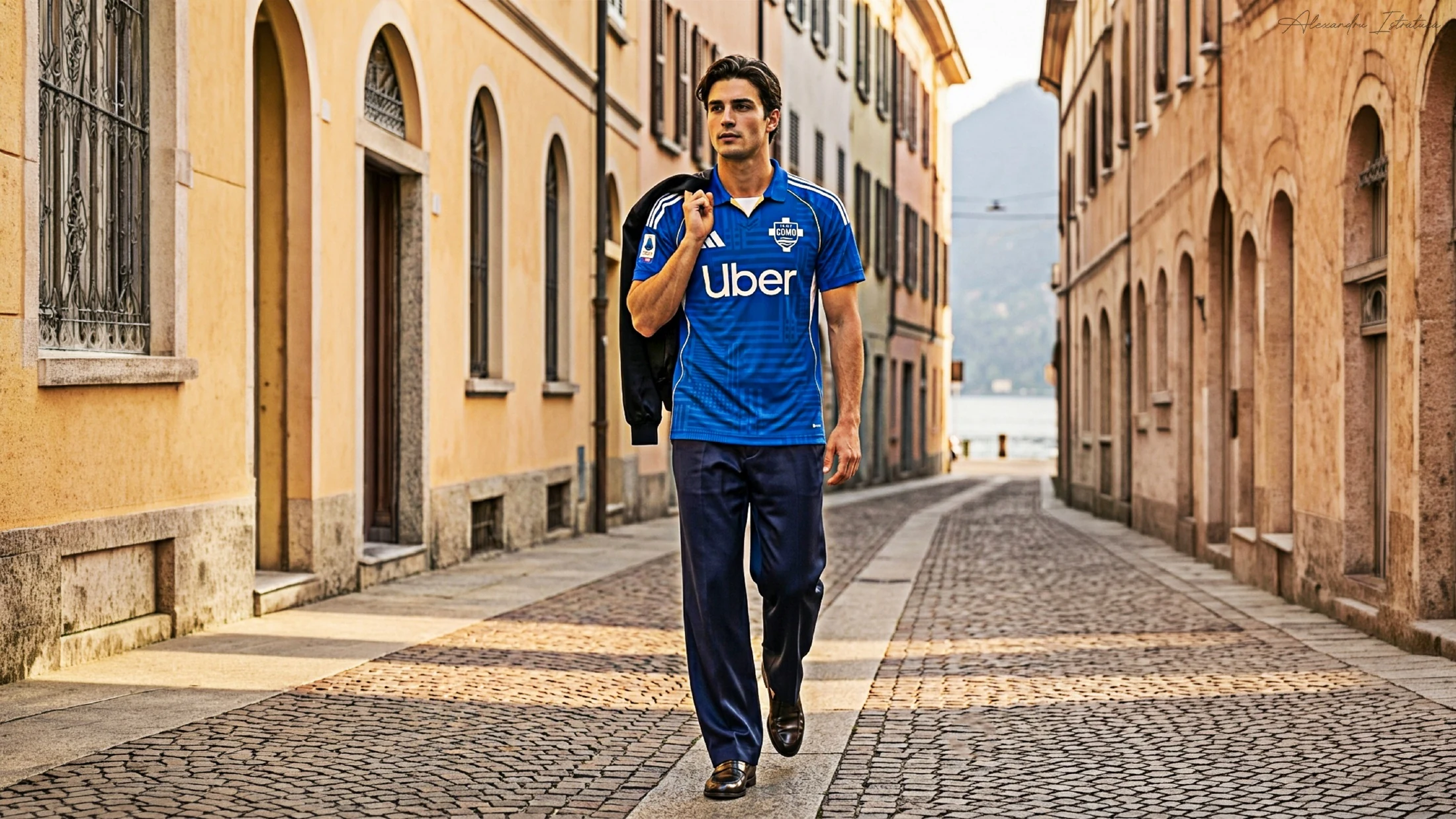 Home-shirt campaign mockup in a Como street