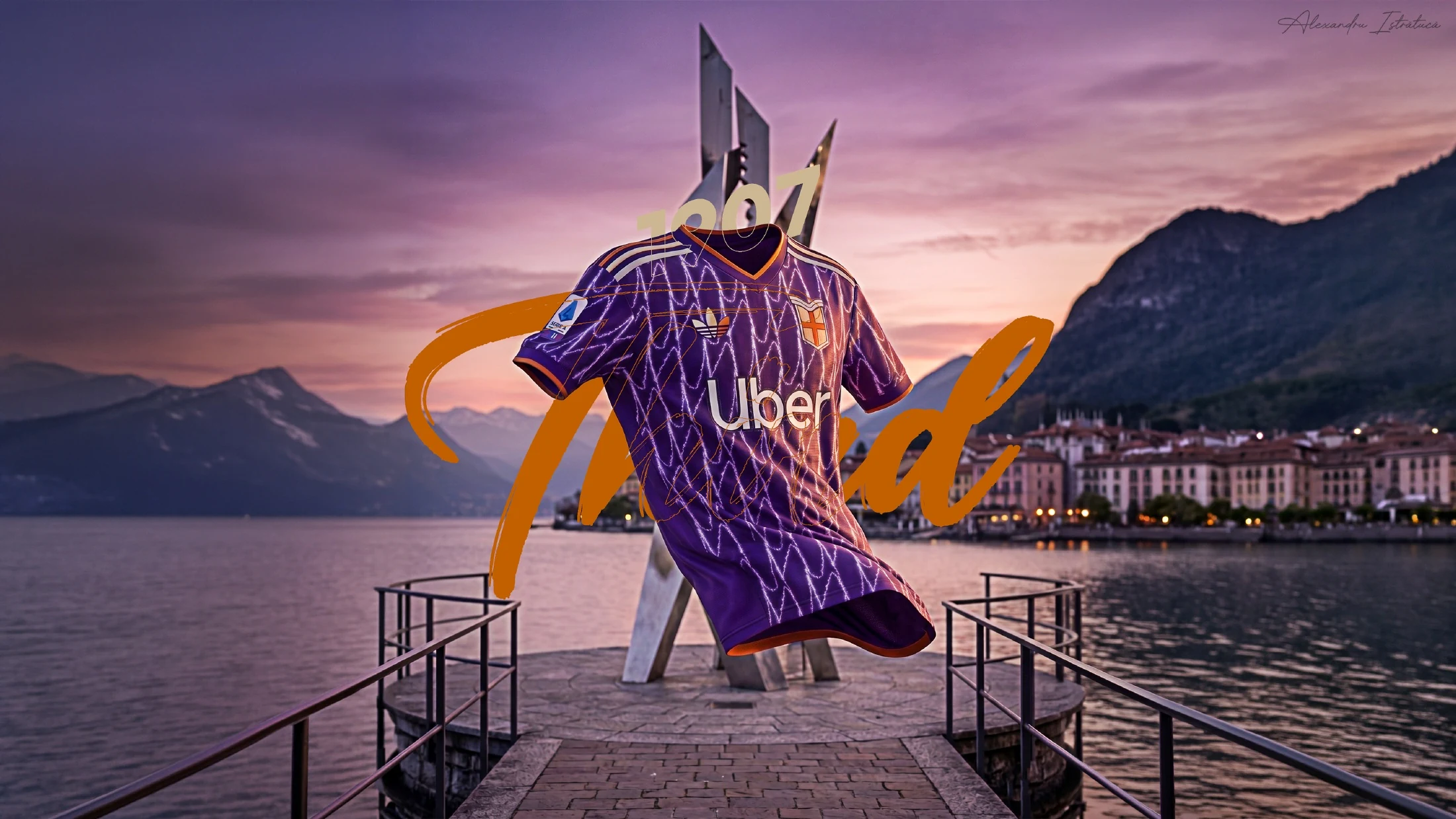 Purple third-shirt concept beside the Life Electric monument