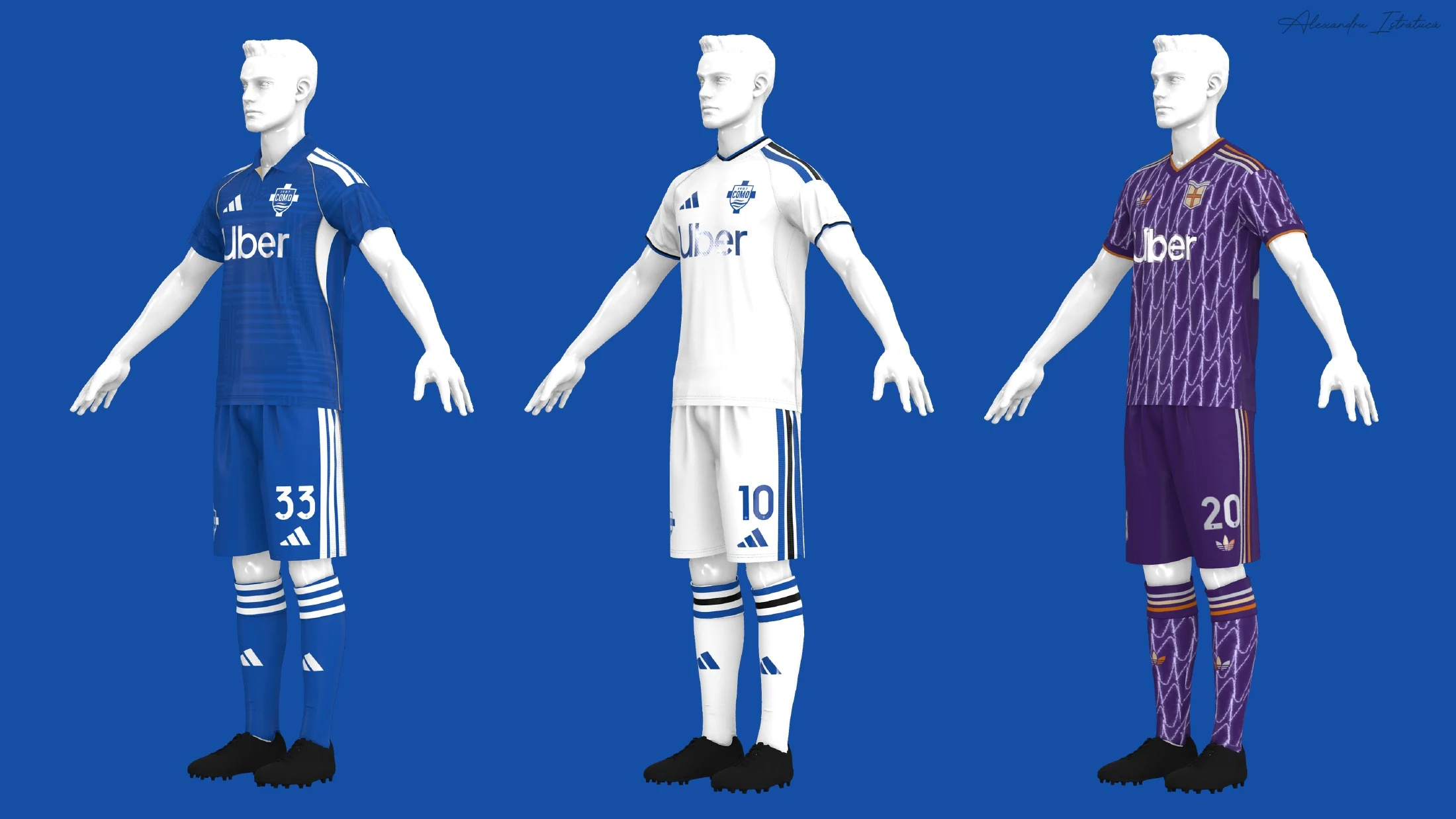 Complete blue, white and purple Como kit lineup