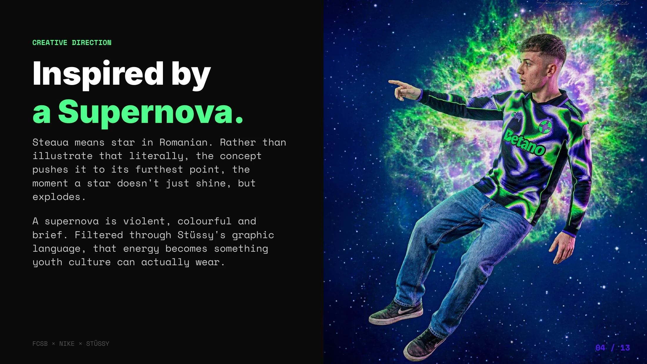 Supernova inspiration and green-purple campaign composition