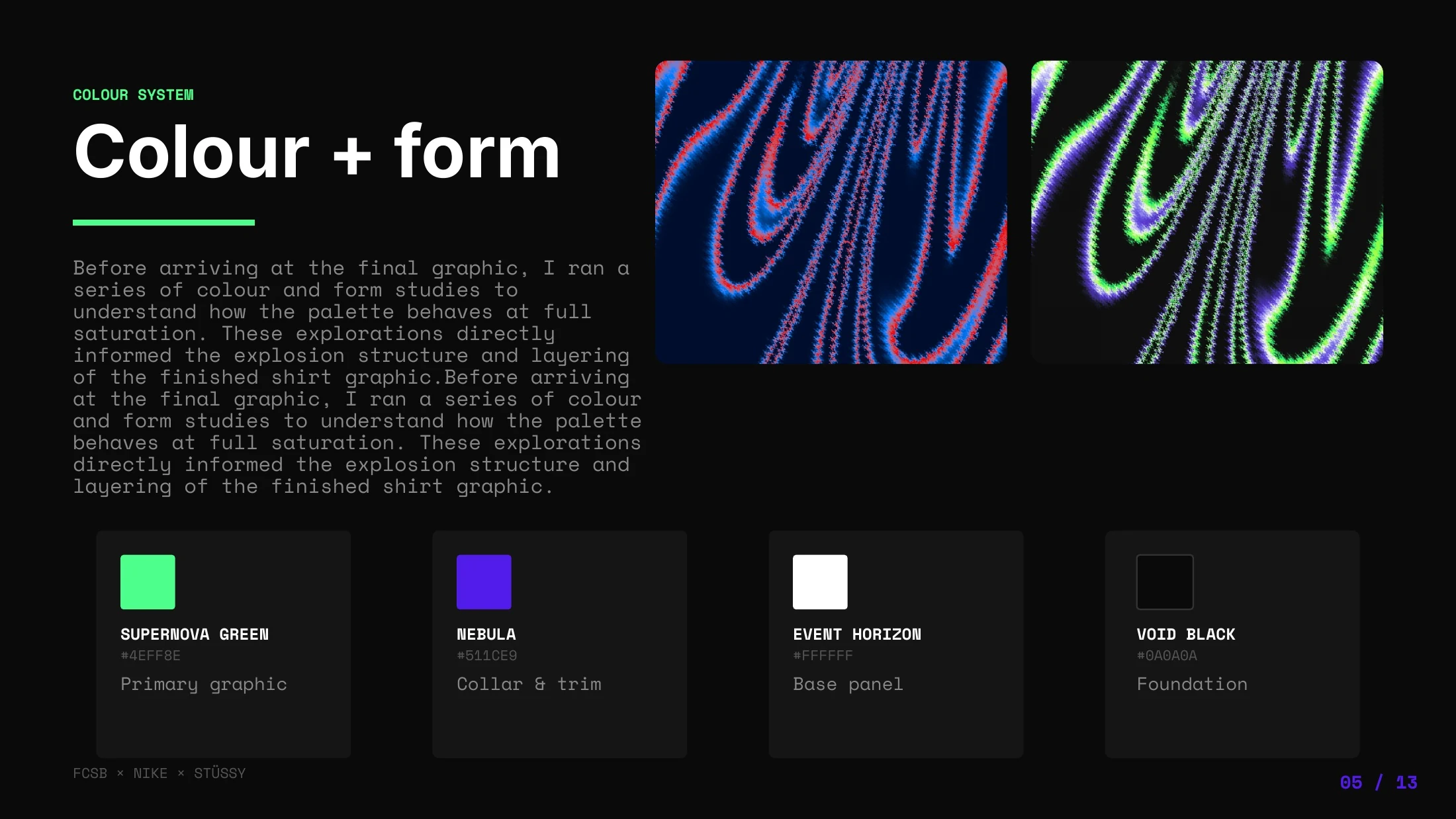 Colour studies comparing graphic treatments and the four-colour palette