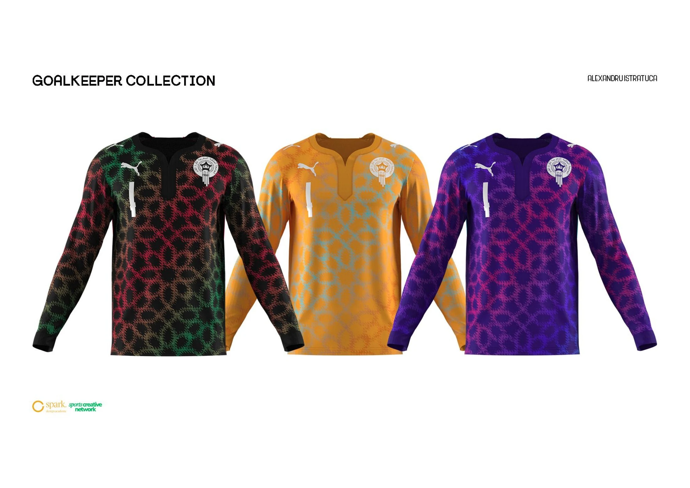 Three goalkeeper shirts in dark, orange and purple colourways