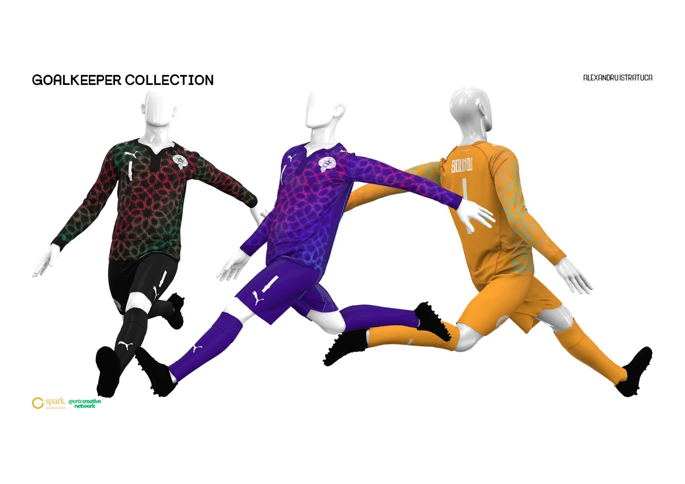 Goalkeeper kits shown on moving mannequin poses
