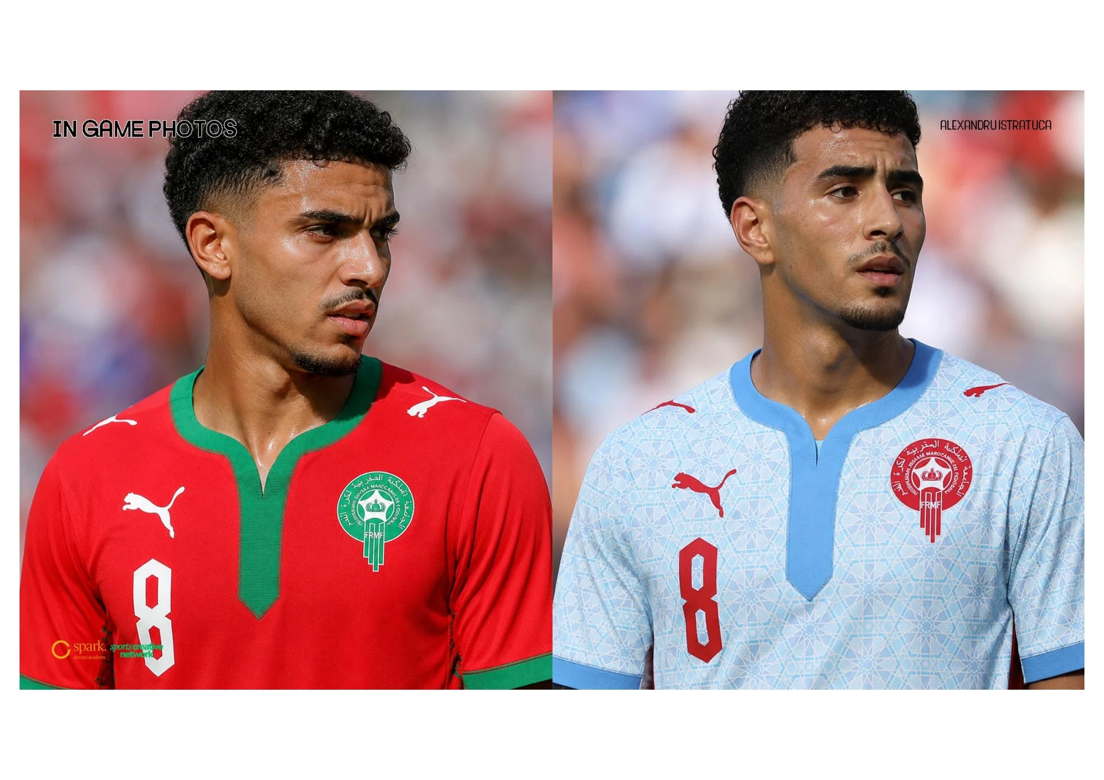 Player mockups wearing red and pale-blue concept shirts